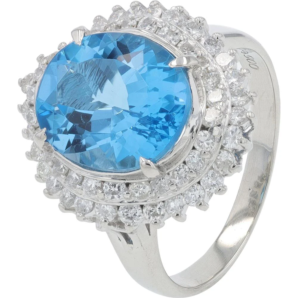 Platinum 5.77 Carat Blue Topaz Ring with Diamond Halo - 0.93 Carat Total Diamond Weight
