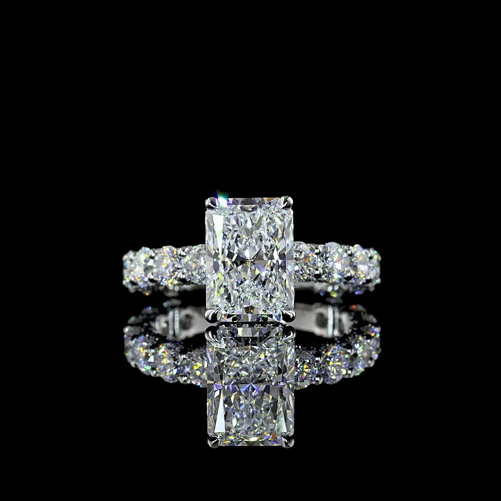 Platinum 5.77 Carat Radiant Cut Lab Diamond Hidden Halo Ring with 3.10 Carat Center D VVS2 and Accent Diamonds - IGI Certified - Covaloro Fine Jewelry