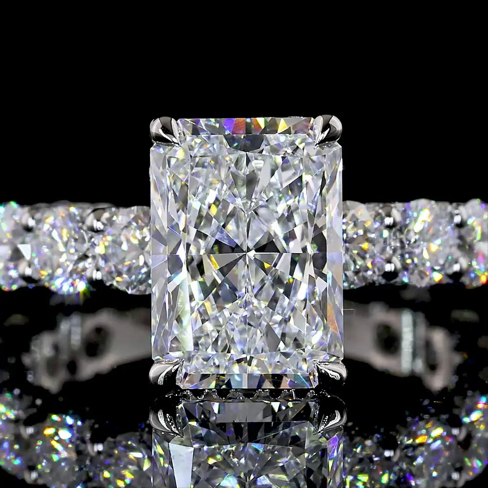 Platinum 5.77 Carat Radiant Cut Lab Diamond Hidden Halo Ring with 3.10 Carat Center D VVS2 and Accent Diamonds - IGI Certified - Covaloro Fine Jewelry - Image 2