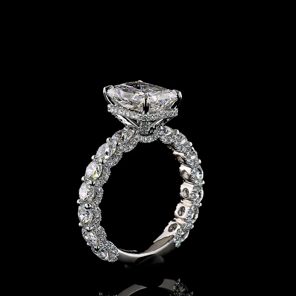 Platinum 5.77 Carat Radiant Cut Lab Diamond Hidden Halo Ring with 3.10 Carat Center D VVS2 and Accent Diamonds - IGI Certified - Covaloro Fine Jewelry - Image 4