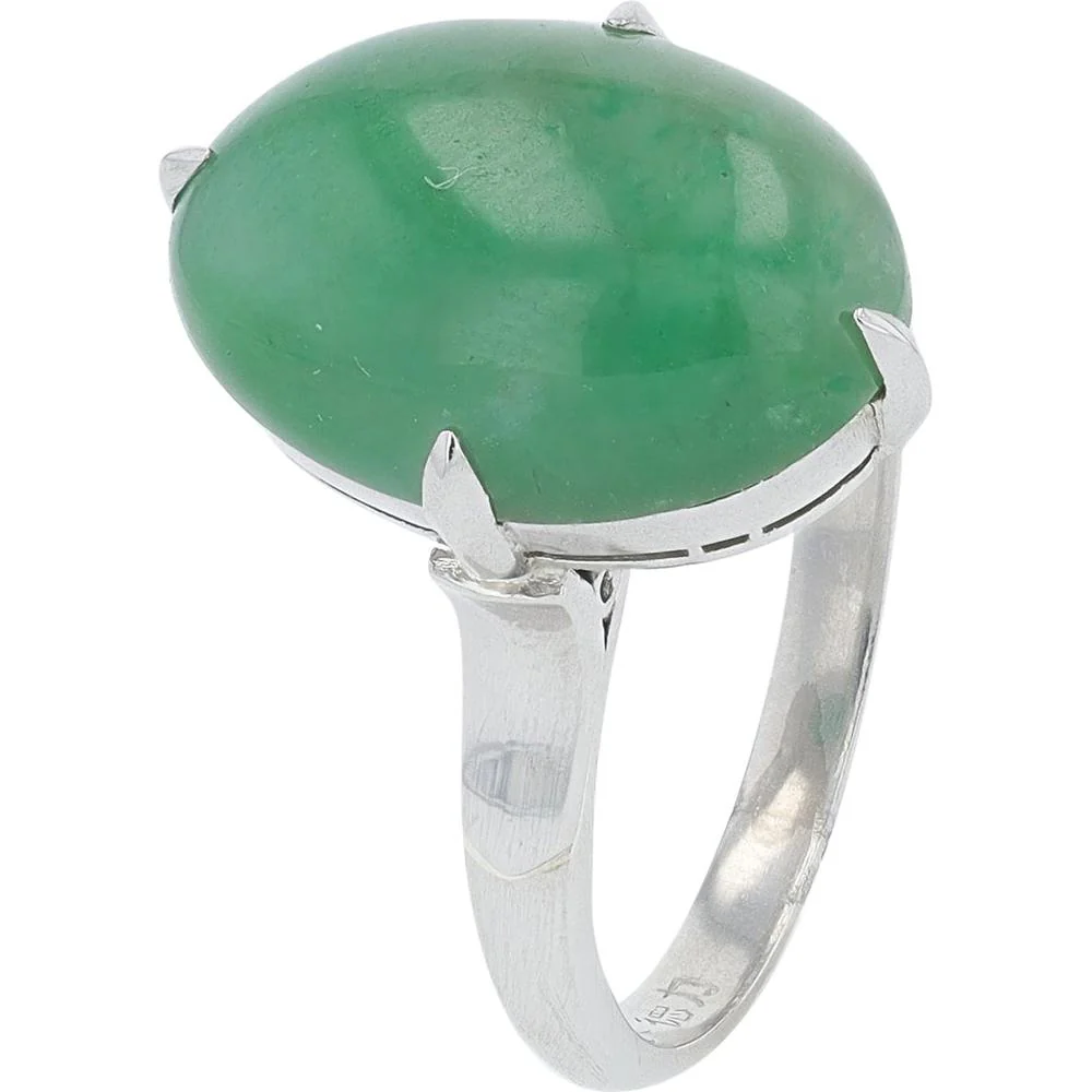 Platinum 5.80 Carat Oval Jade Ring with Four - Prong Setting