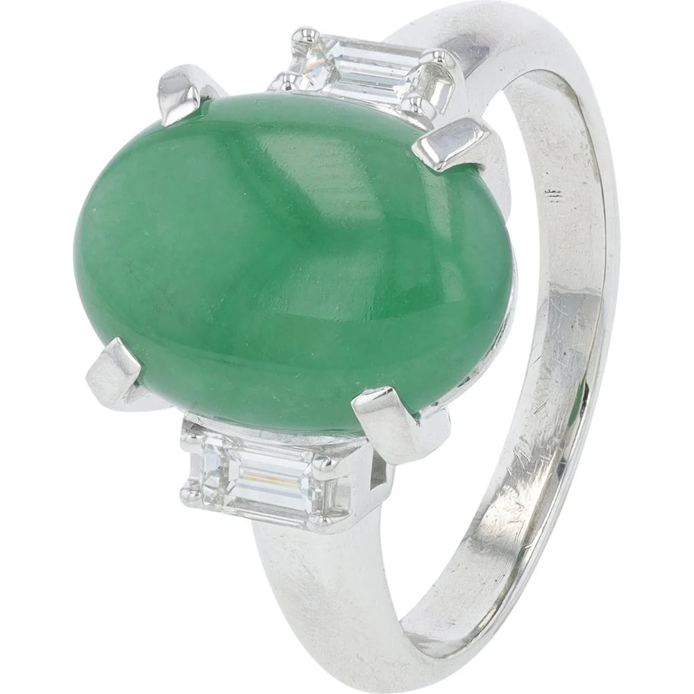 Platinum 5.92 Carat Oval Cabochon Jade Ring with 0.35 Carat Baguette Diamonds