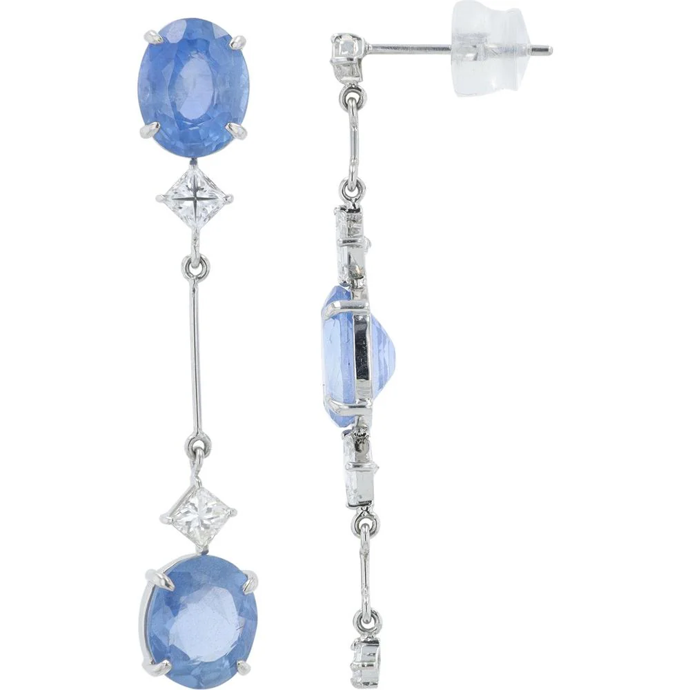 Platinum 6.03 Carat Oval Sapphire Mismatch Dangle Earrings with Diamond Accents - 0.68 Carat Total Diamond Weight - Image 2