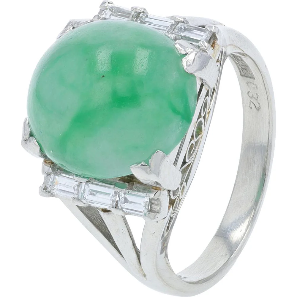 Platinum 6.622 Carat Jade Cabochon Ring with 0.32 Carat Baguette Diamonds