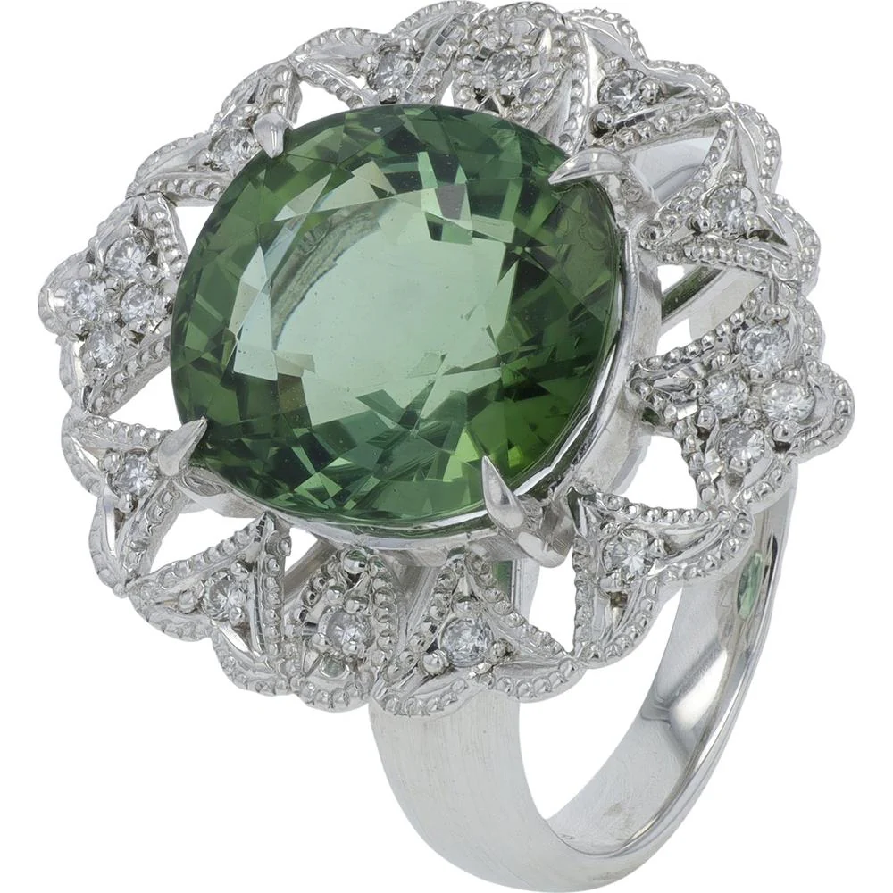 Platinum 6.93 Carat Green Tourmaline Ring with 0.18 Carat Diamond Halo - Size 6.25