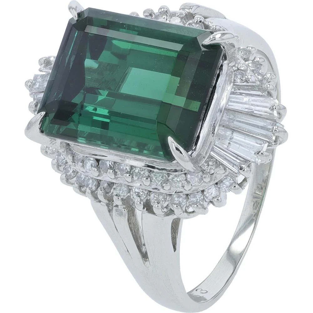 Platinum 6 Carat Emerald Cut Green Tourmaline Ring with 0.63 Carat Total Diamond Halo