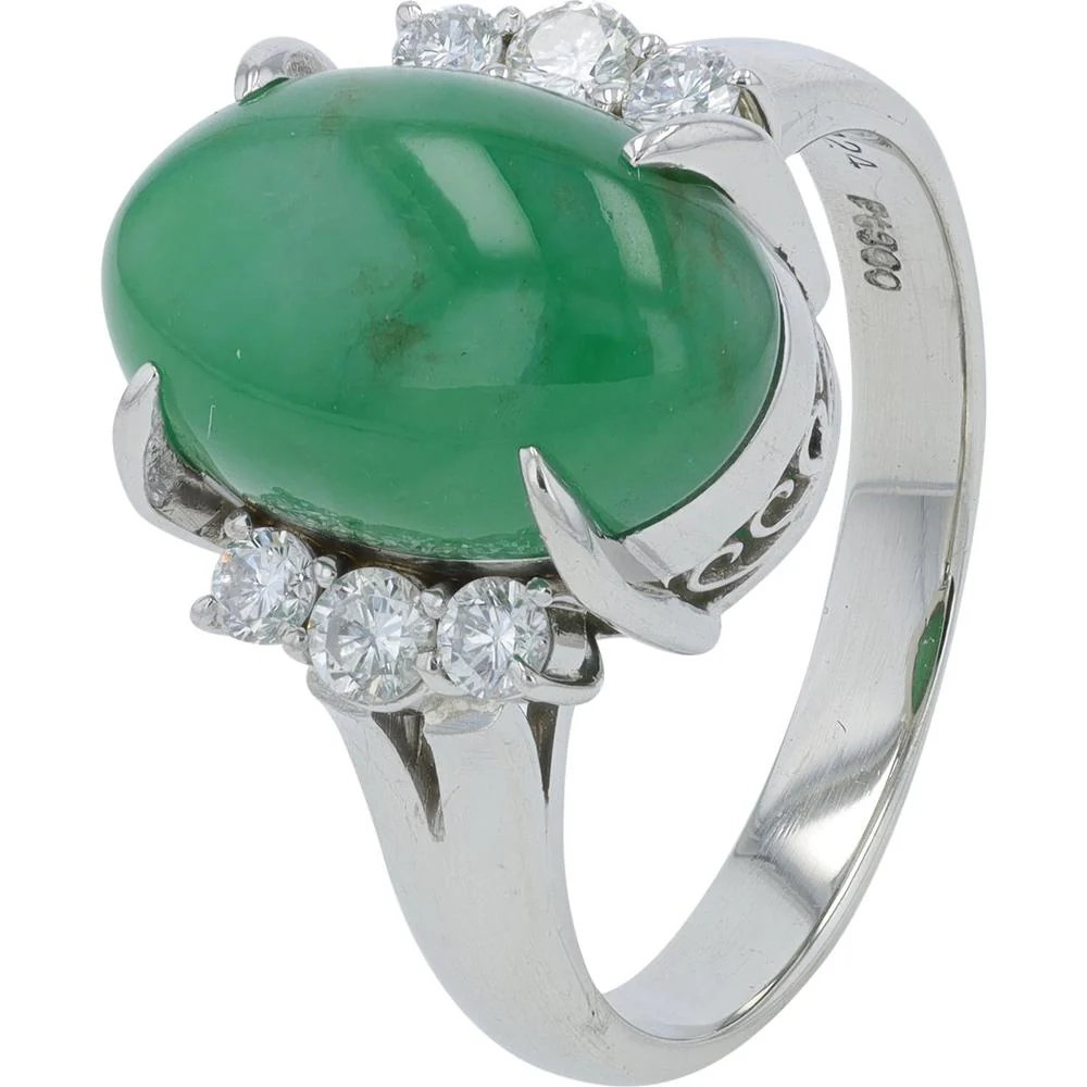 Platinum 7.124 Carat Oval Cabochon Jade Ring with 0.352 Carat Diamond Accents