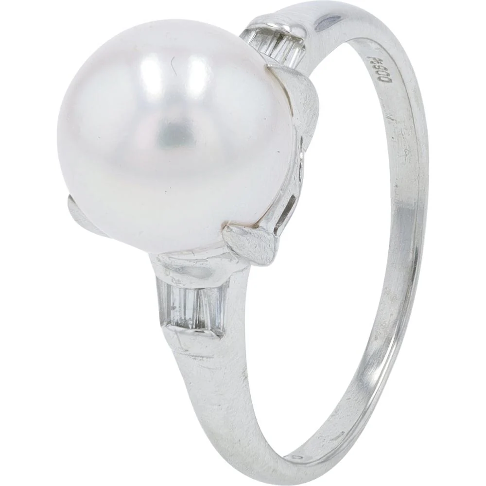 Platinum 8.43mm Pearl Ring with 0.13 Carat Total Baguette Diamond Accents