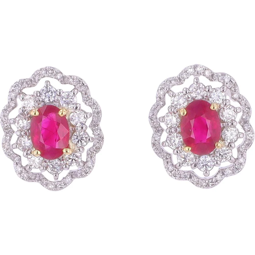 Platinum 900 Burma Ruby Halo Earrings with 1.07 Carat Rubies and 1.08 Carat Diamonds - Fine Luxury Jewelry