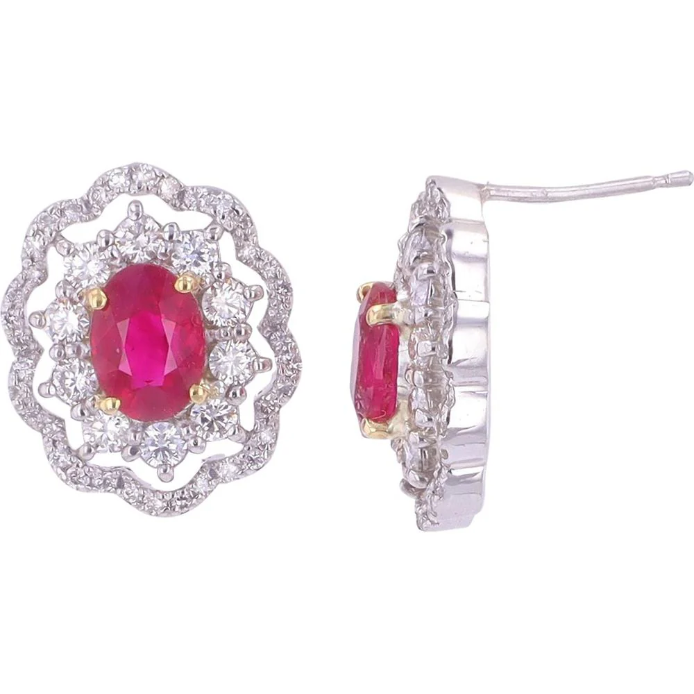 Platinum 900 Burma Ruby Halo Earrings with 1.07 Carat Rubies and 1.08 Carat Diamonds - Fine Luxury Jewelry - Image 2