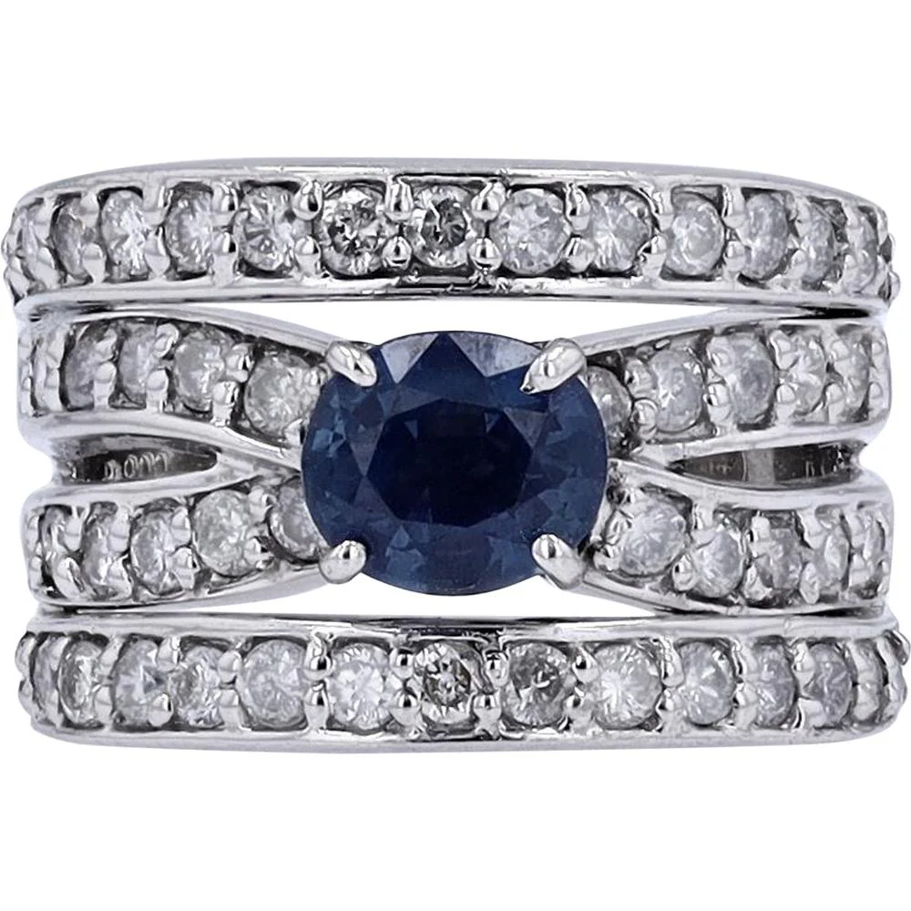 Platinum 900 Crossover Ring with 1.02 Carat Oval Sapphire and 1.10 Carat Round Diamond Accents