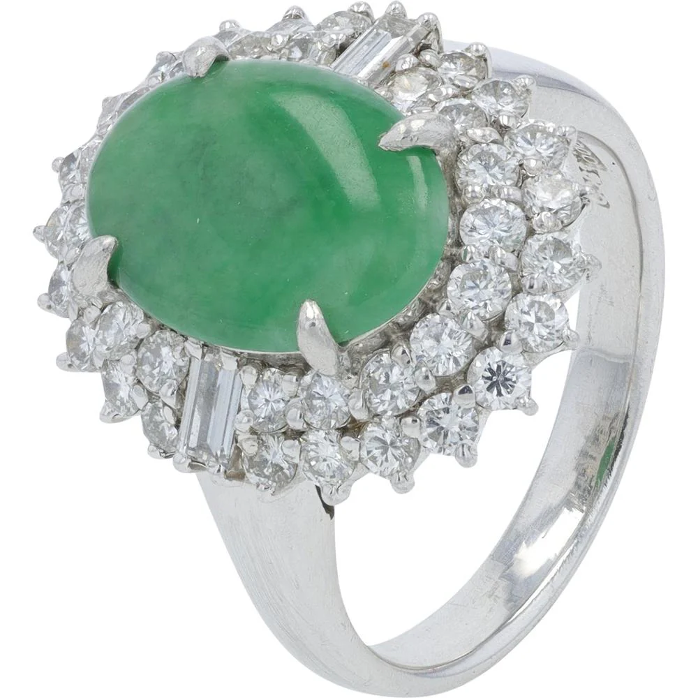 Platinum 900 Jade Ring with Halo of Round and Baguette Diamonds - 1.08 Carat Total Diamond Weight