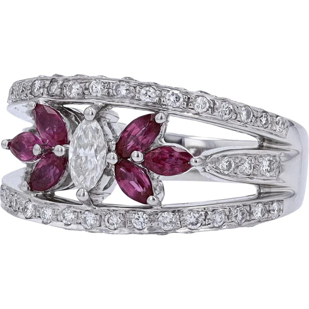 Platinum 900 Marquise Diamond and 0.65 Carat Ruby Center Ring with 0.73 Carat Diamond Accents - Image 2