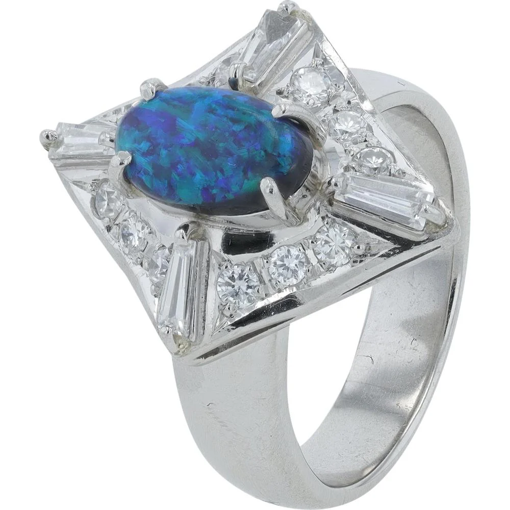 Platinum 900 Opal Ring with 0.47 Carat Total Diamond Halo and Baguette Accents