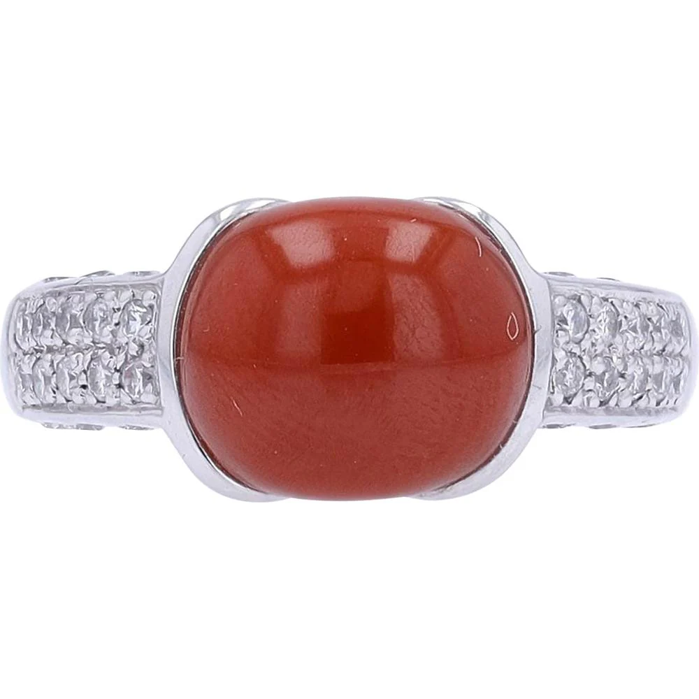 Platinum 900 Ring with Cabochon Coral Center and 0.31 Carat Total Diamond Accents
