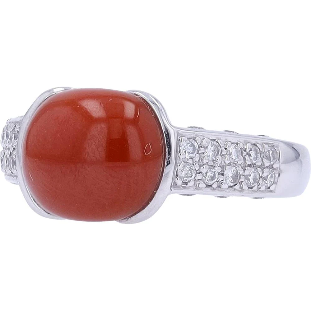 Platinum 900 Ring with Cabochon Coral Center and 0.31 Carat Total Diamond Accents - Image 2