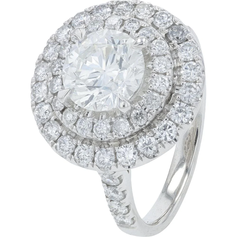 Platinum 950 2.64 Carat Total Weight Diamond Engagement Ring with Round Brilliant Cut and Halo Design - 1.54 Carat Center Diamond