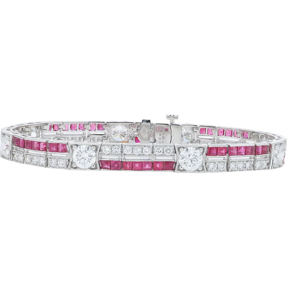 Platinum 950 Ruby and Diamond Tennis Bracelet - 6.79 Carat Total Ruby Weight, 4.90 Carat Total Diamond Weight