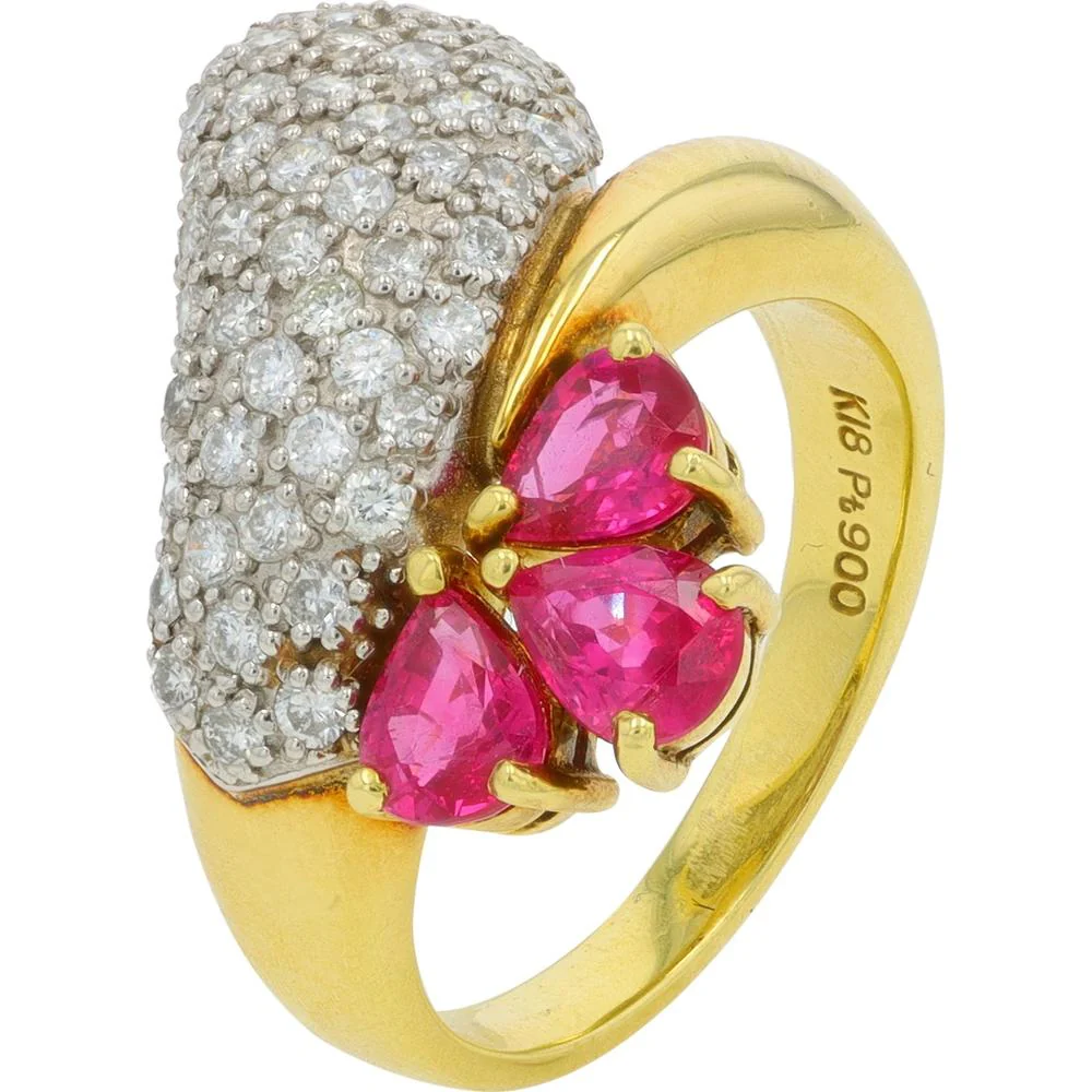 Platinum and 18K Yellow Gold Ruby Bypass Ring with Diamond Accents - 0.83 Carat Ruby and 1.12 Carat Total Diamond Weight
