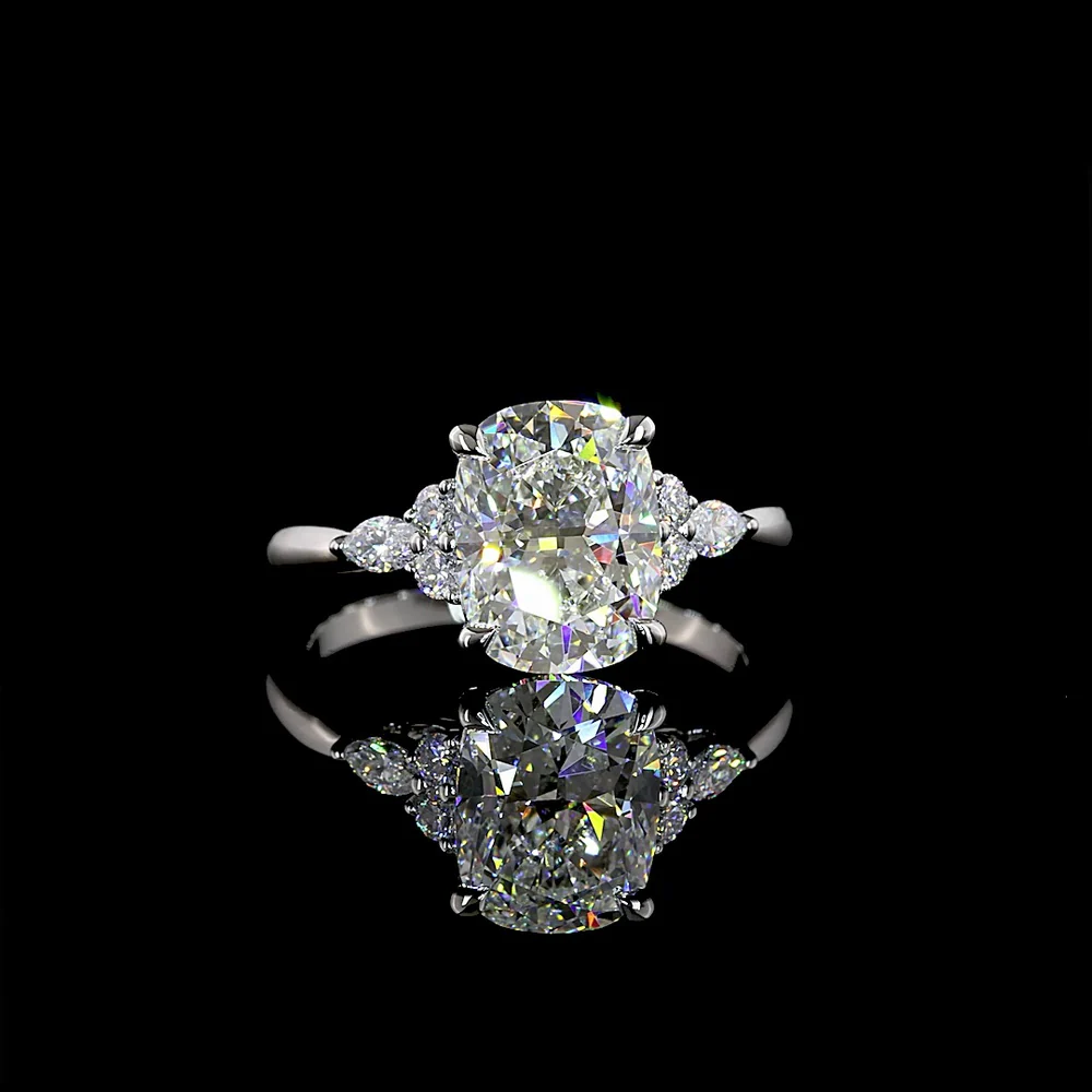 Platinum Cushion Brilliant Cut Lab Diamond Ring with Marquise and Round Side Stones - 2.83 Carat Total Diamond Weight, F VS1 - Covaloro Fine Jewelry