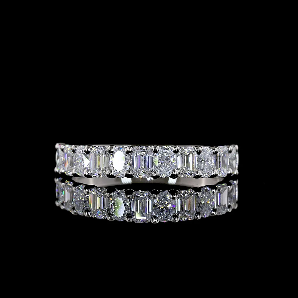 Platinum Half Eternity Band with Alternating Emerald Cut and Oval Cut Lab Diamonds - 0.91 Carat Total Diamond Weight - Covaloro Fine Jewelry