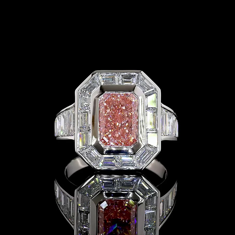 Platinum Halo Ring with 2.66 Carat Fancy Vivid Pink Radiant Cut Lab Diamond and Baguette Side Stones - 5.66 Carat Total Diamond Weight - Covaloro Fine Jewelry