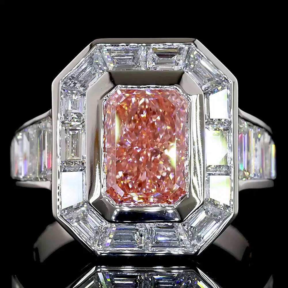 Platinum Halo Ring with 2.66 Carat Fancy Vivid Pink Radiant Cut Lab Diamond and Baguette Side Stones - 5.66 Carat Total Diamond Weight - Covaloro Fine Jewelry - Image 2