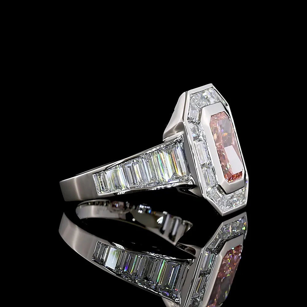 Platinum Halo Ring with 2.66 Carat Fancy Vivid Pink Radiant Cut Lab Diamond and Baguette Side Stones - 5.66 Carat Total Diamond Weight - Covaloro Fine Jewelry - Image 3