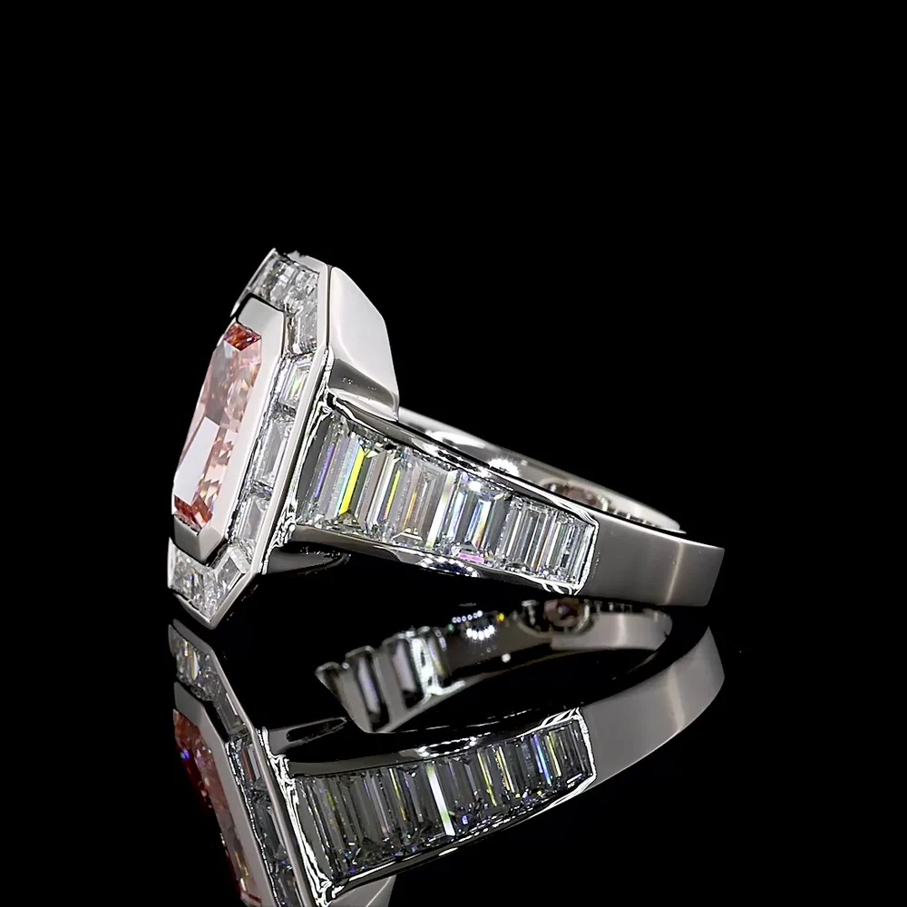 Platinum Halo Ring with 2.66 Carat Fancy Vivid Pink Radiant Cut Lab Diamond and Baguette Side Stones - 5.66 Carat Total Diamond Weight - Covaloro Fine Jewelry - Image 4