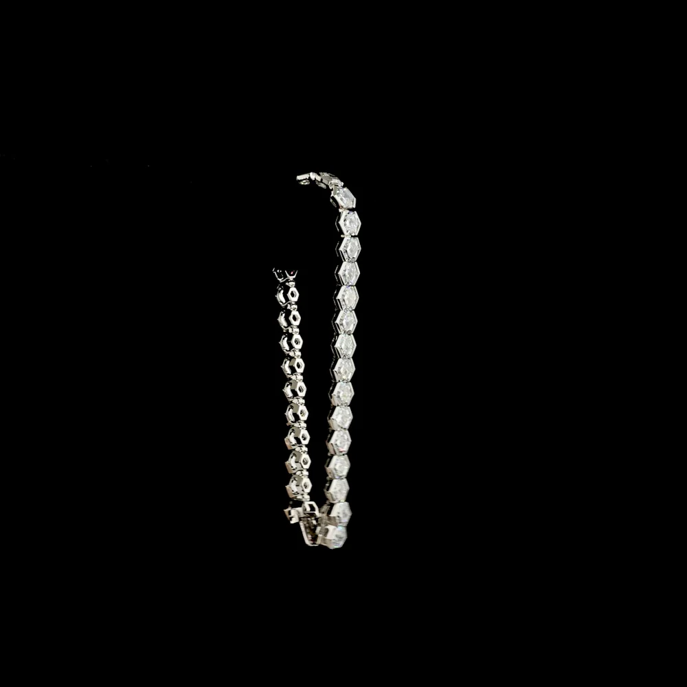Platinum Hexagon Cut Lab Diamond Tennis Bracelet - 31 Stones, 23.06 Carat Total Weight, Half Bezel Set E-F VS Diamonds - Covaloro Fine Jewelry