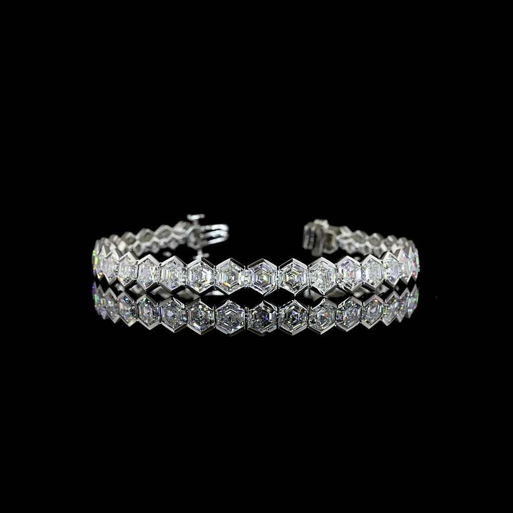 Platinum Hexagon Cut Lab Diamond Tennis Bracelet - 31 Stones, 23.06 Carat Total Weight, Half Bezel Set E-F VS Diamonds - Covaloro Fine Jewelry - Image 2