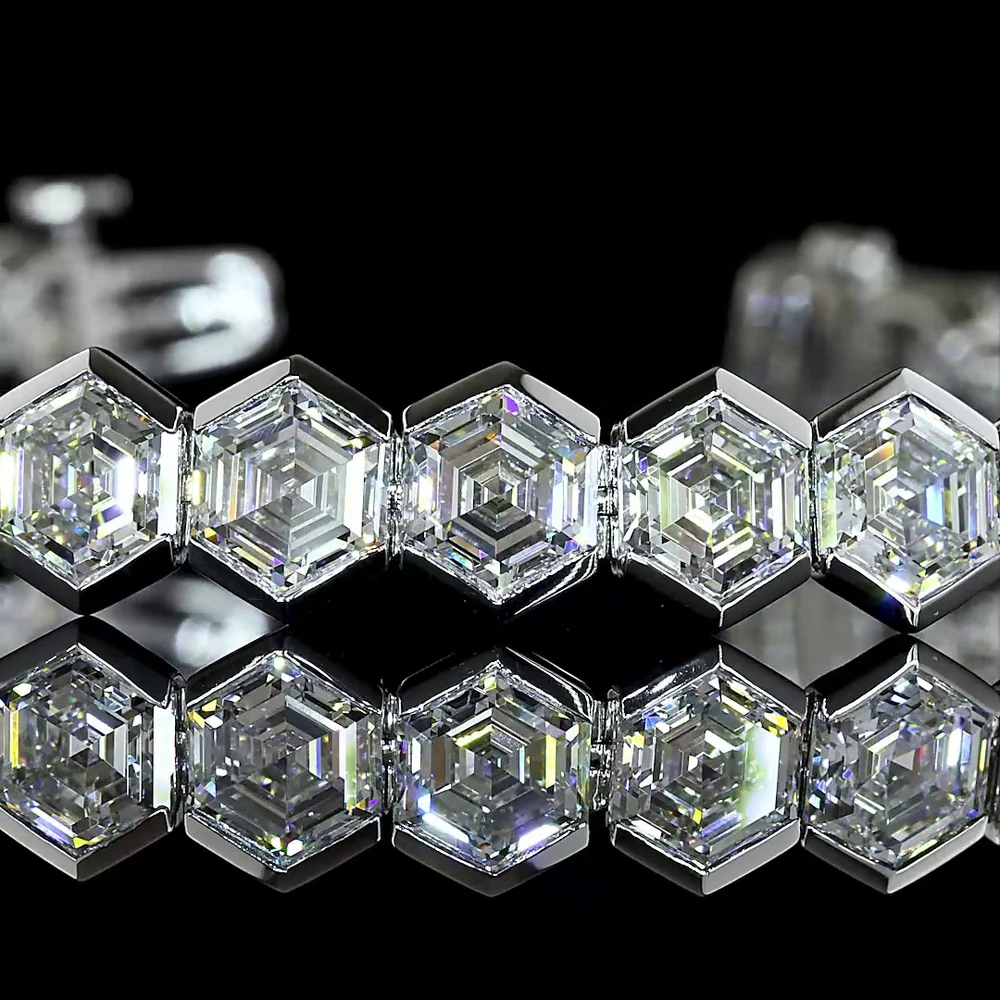 Platinum Hexagon Cut Lab Diamond Tennis Bracelet - 31 Stones, 23.06 Carat Total Weight, Half Bezel Set E-F VS Diamonds - Covaloro Fine Jewelry - Image 3