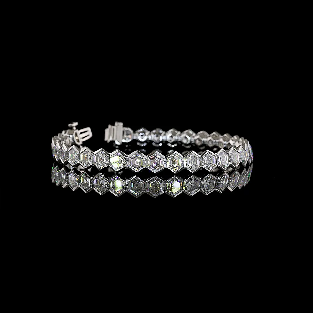 Platinum Hexagon Shape Tennis Bracelet with Half Bezel Set Lab Diamonds - 25.21 Carat Total Weight (E-F VS1 Clarity) - Covaloro Fine Jewelry