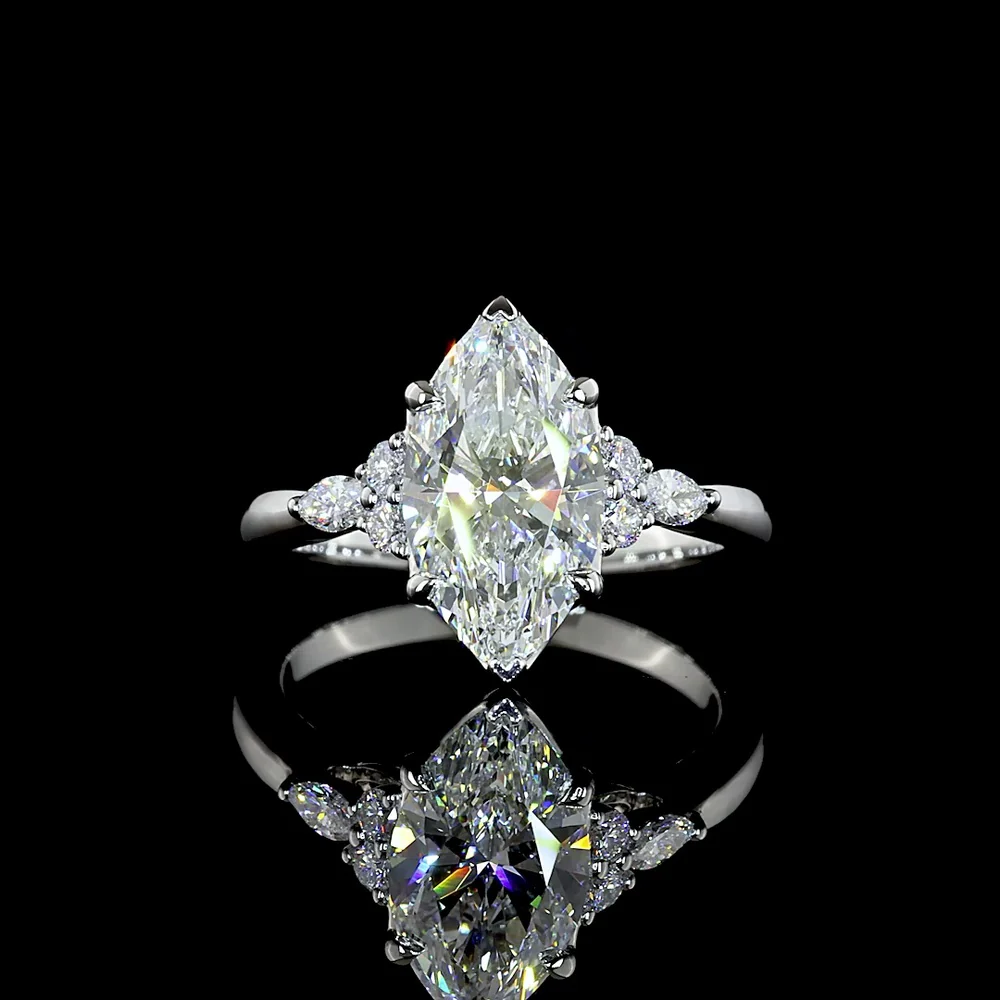 Platinum Marquise Cut Lab Diamond Ring with Side Stones - 2.75 Carat Total Weight, F VS1 Center - Covaloro Fine Jewelry