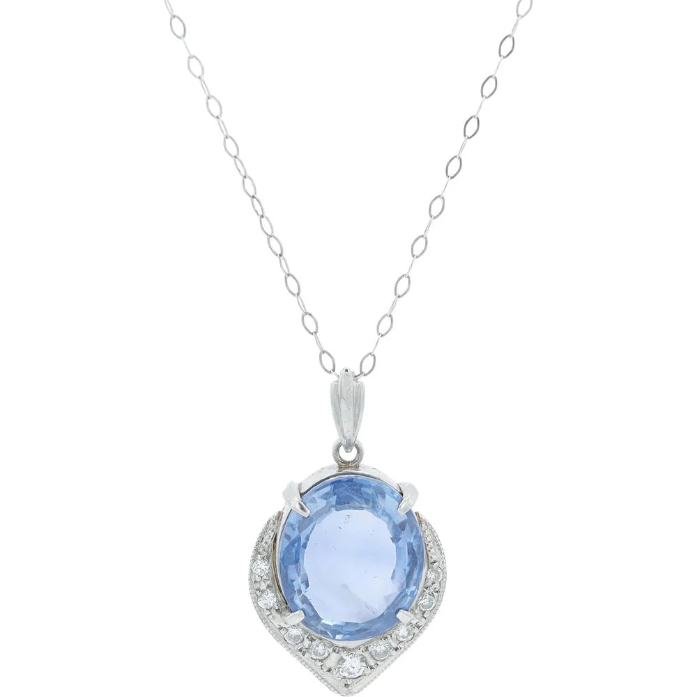 Platinum Necklace with 9.648 Carat Oval Sapphire and 0.18 Carat Diamond Halo