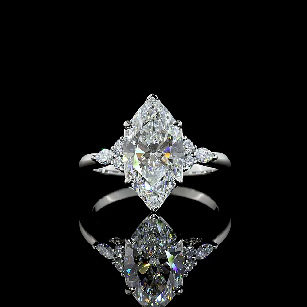 Platinum North-South Marquise Cut Lab Diamond Ring with Marquise and Round Accent Stones - 3.22 Carat Center, 6.94 Carat Total Diamond Weight - Covaloro Fine Jewelry