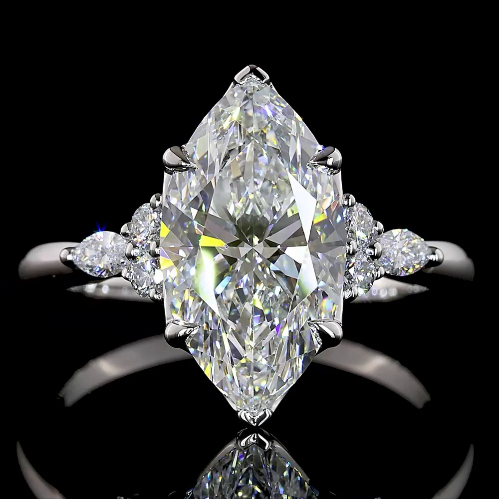 Platinum North-South Marquise Cut Lab Diamond Ring with Marquise and Round Accent Stones - 3.22 Carat Center, 6.94 Carat Total Diamond Weight - Covaloro Fine Jewelry - Image 2