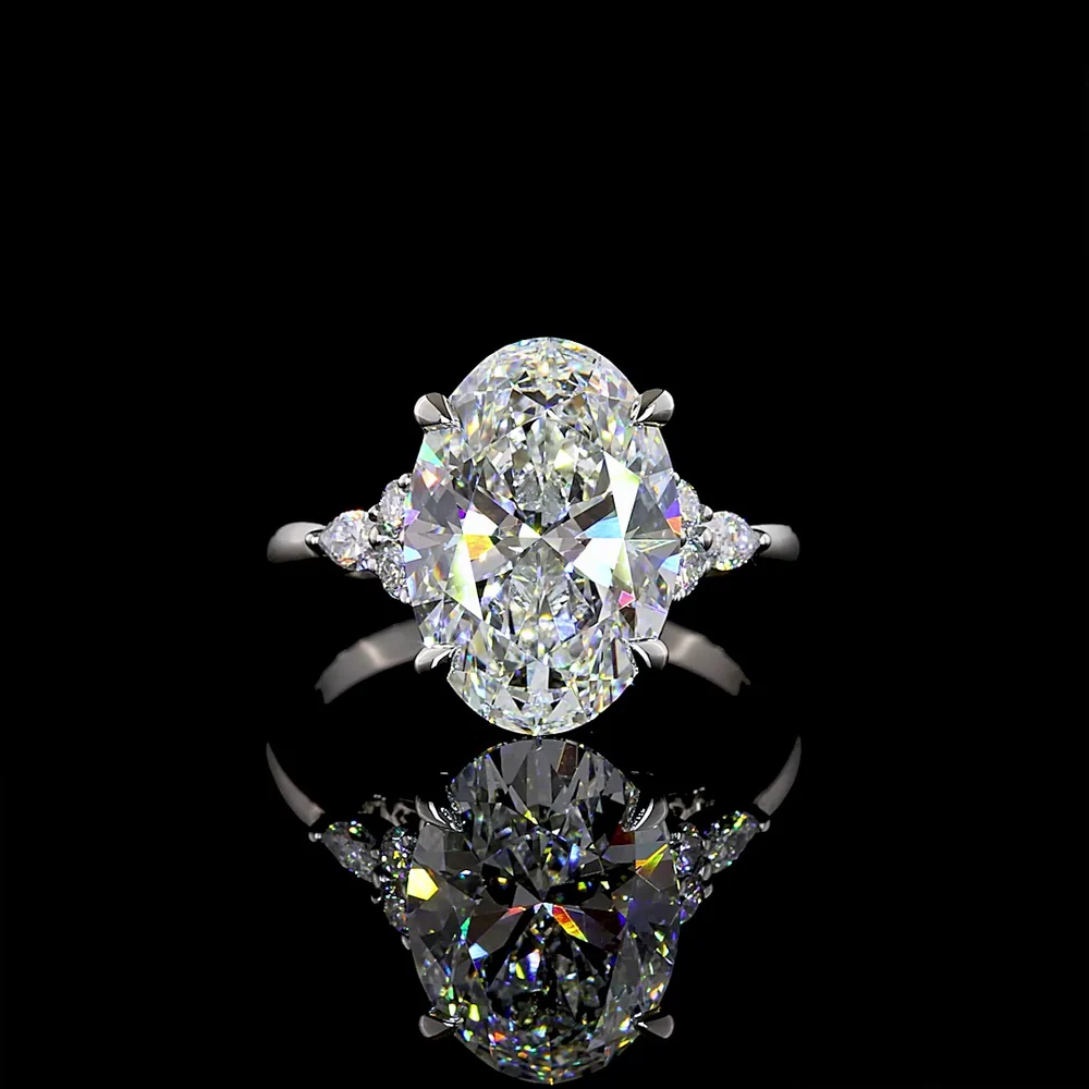 Platinum Oval Cut Lab Diamond Ring with Marquise and Round Accent Stones - 4.80 Carat Total Diamond Weight, F VS1 Center - Covaloro Fine Jewelry