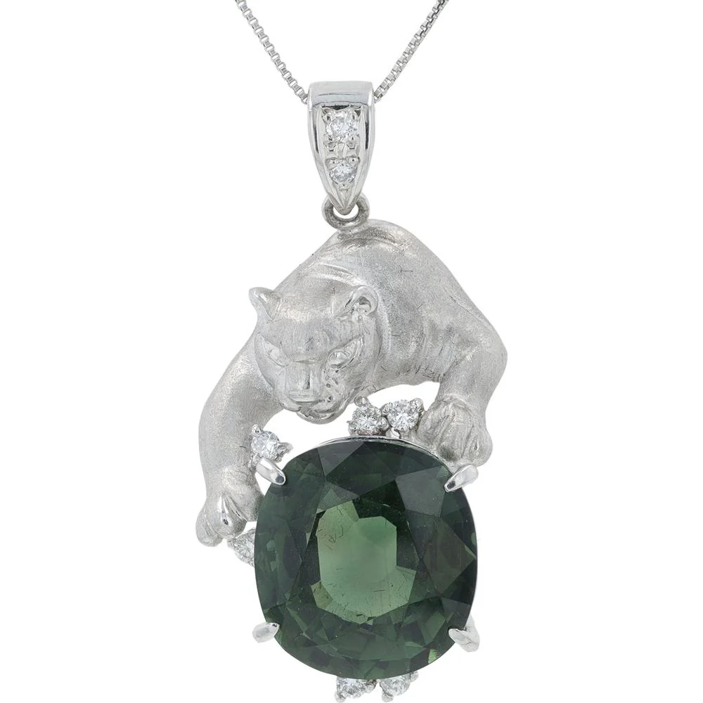 Platinum Panther Pendant with 10.39 Carat Green Tourmaline and 0.20 Carats of Diamonds
