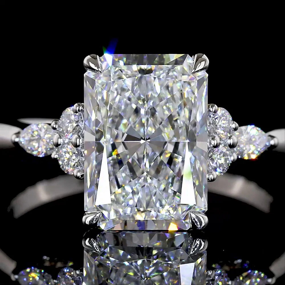 Platinum Radiant Cut Lab Diamond Ring with Marquise and Round Side Stones - 3.55 Carat Total Diamond Weight, F VS1 Center - Covaloro Fine Jewelry - Image 2