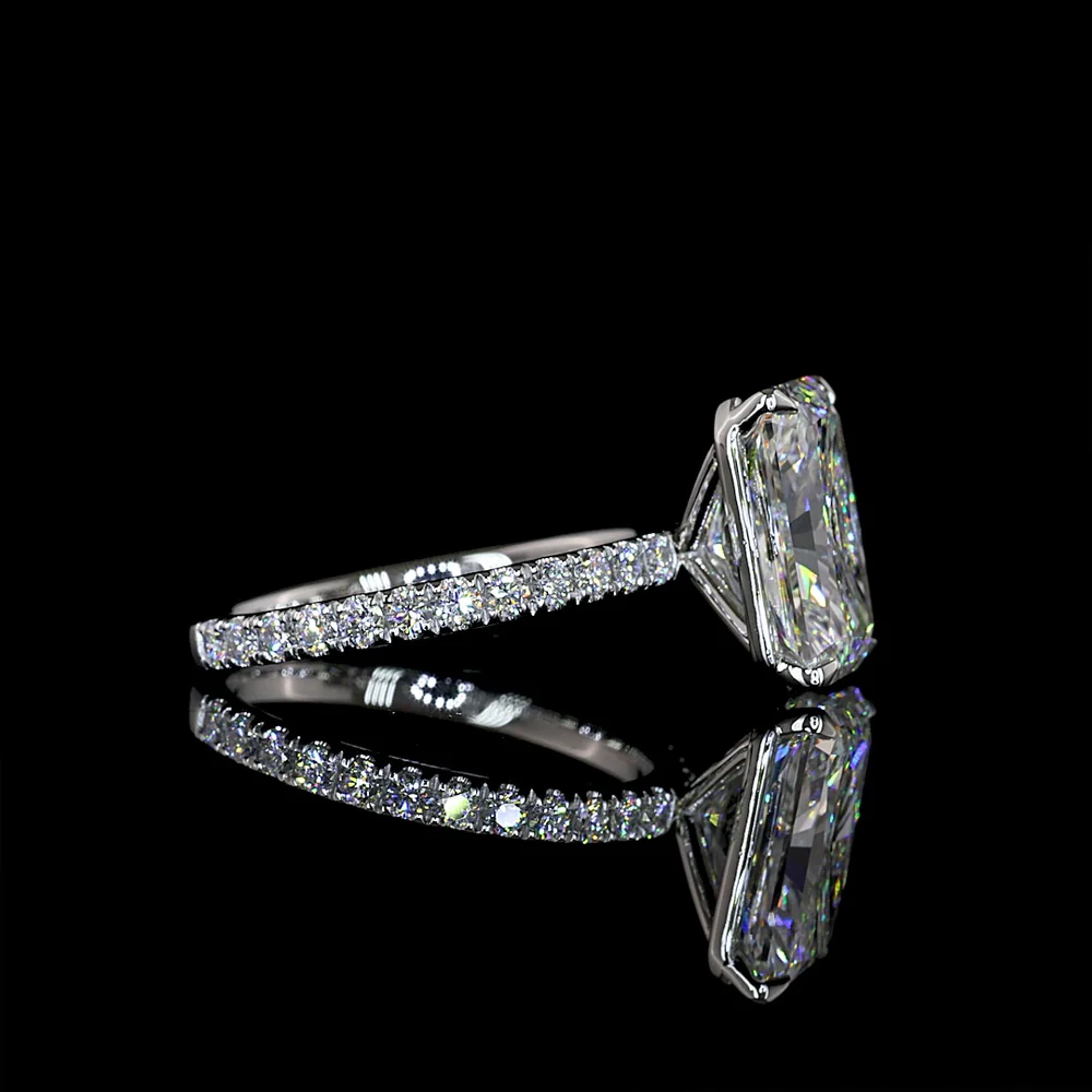Platinum Radiant Cut Lab Diamond Solitaire Ring with North-South Setting and Pave Shank - 4.03 Carats Center, 4.5 Carats Total Diamond Weight - Covaloro Fine Jewelry - Image 2