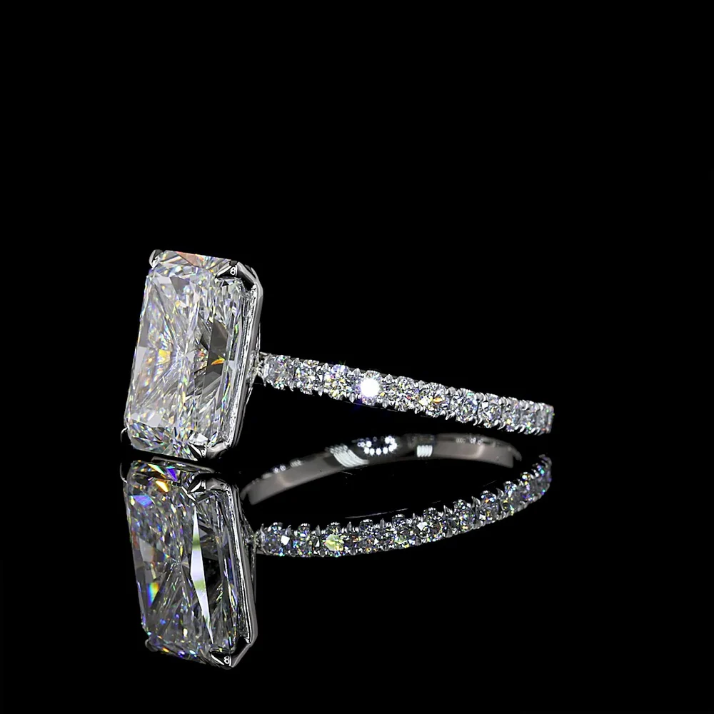 Platinum Radiant Cut Lab Diamond Solitaire Ring with North-South Setting and Pave Shank - 4.03 Carats Center, 4.5 Carats Total Diamond Weight - Covaloro Fine Jewelry - Image 3