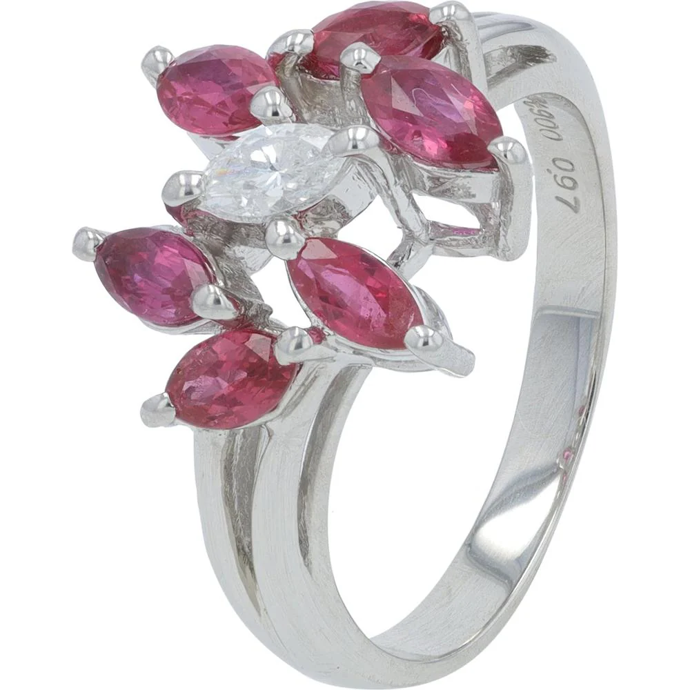Platinum Ruby Ring with Marquise Cut Rubies and Diamond Accent - 0.97 Carat Ruby, 0.11 Carat Diamond Total Weight