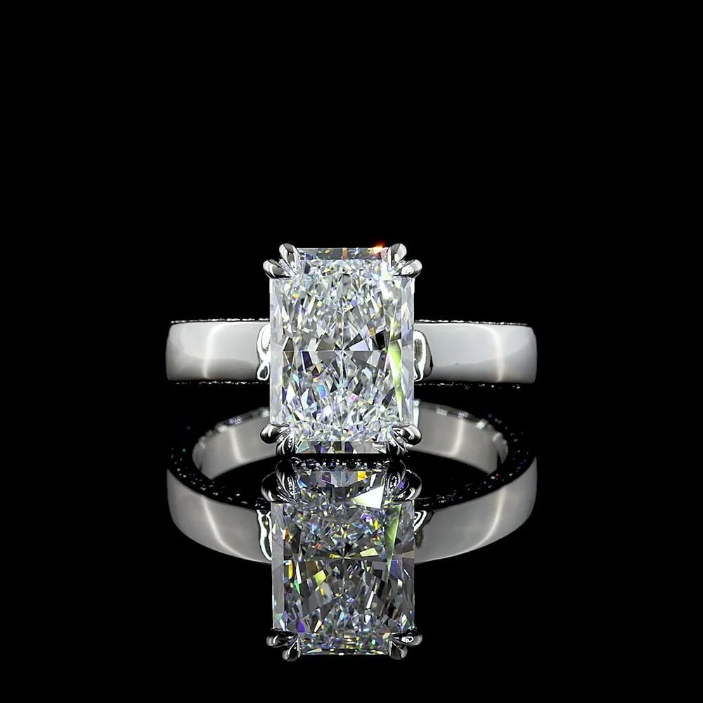 Platinum Solitaire Shank Ring with 3.52 Carat Radiant Cut Lab Diamond E VVS2 and 0.38 Carat Brilliant Cut F VS2 Accent Diamonds - 3.9 Carat Total Diamond Weight - Covaloro Fine Jewelry
