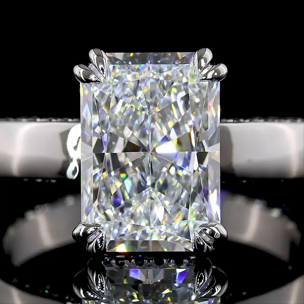 Platinum Solitaire Shank Ring with 3.52 Carat Radiant Cut Lab Diamond E VVS2 and 0.38 Carat Brilliant Cut F VS2 Accent Diamonds - 3.9 Carat Total Diamond Weight - Covaloro Fine Jewelry - Image 2