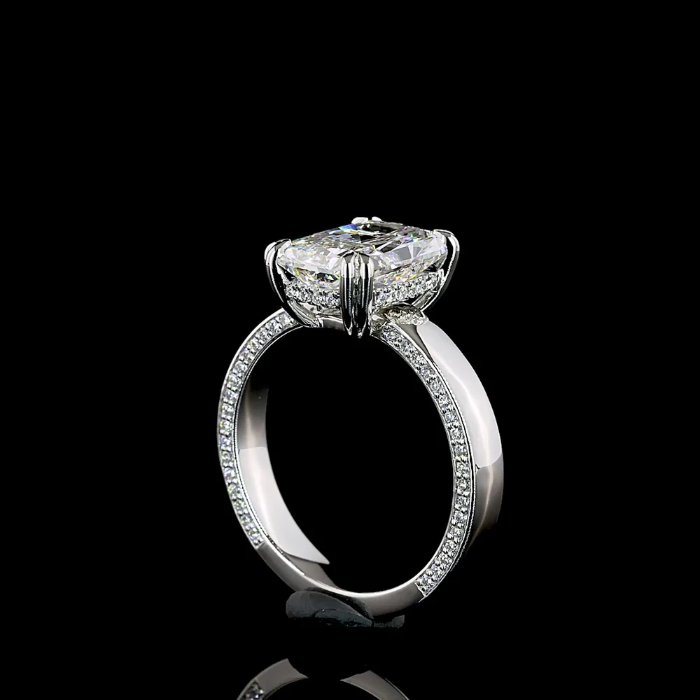 Platinum Solitaire Shank Ring with 3.52 Carat Radiant Cut Lab Diamond E VVS2 and 0.38 Carat Brilliant Cut F VS2 Accent Diamonds - 3.9 Carat Total Diamond Weight - Covaloro Fine Jewelry - Image 3