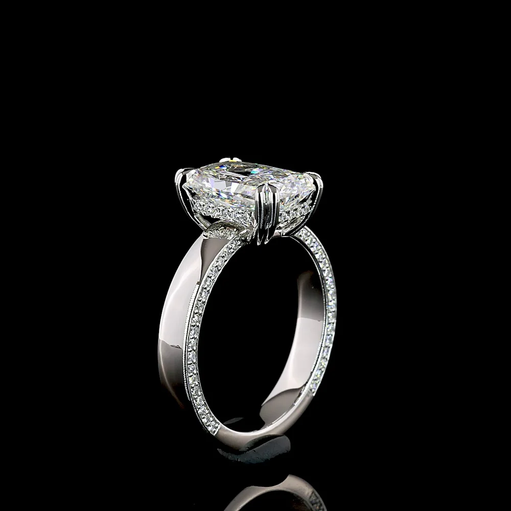 Platinum Solitaire Shank Ring with 3.52 Carat Radiant Cut Lab Diamond E VVS2 and 0.38 Carat Brilliant Cut F VS2 Accent Diamonds - 3.9 Carat Total Diamond Weight - Covaloro Fine Jewelry - Image 4