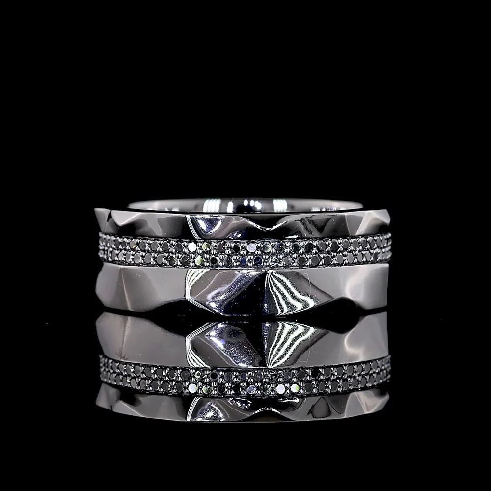 Platinum Special Eternity Band with 128 Faceted Sides and Black Rhodium Prong Set Round Lab-Grown Black VS2 Diamonds - 0.65 Carat Total Weight - Covaloro Fine Jewelry