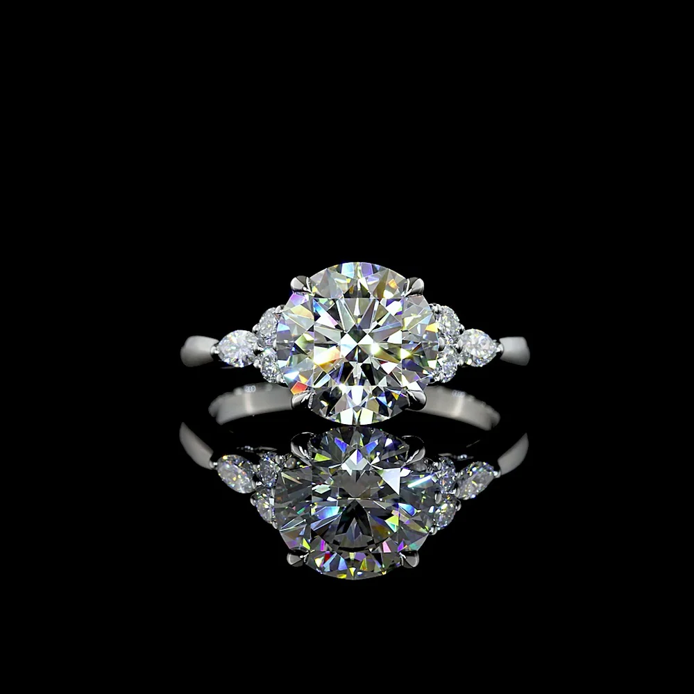 Platinum Special Ring with 2.52 Carat Round Brilliant Cut Lab Diamond Center and Marquise & Round Accents - 2.79 Carats Total Diamond Weight - Covaloro Fine Jewelry