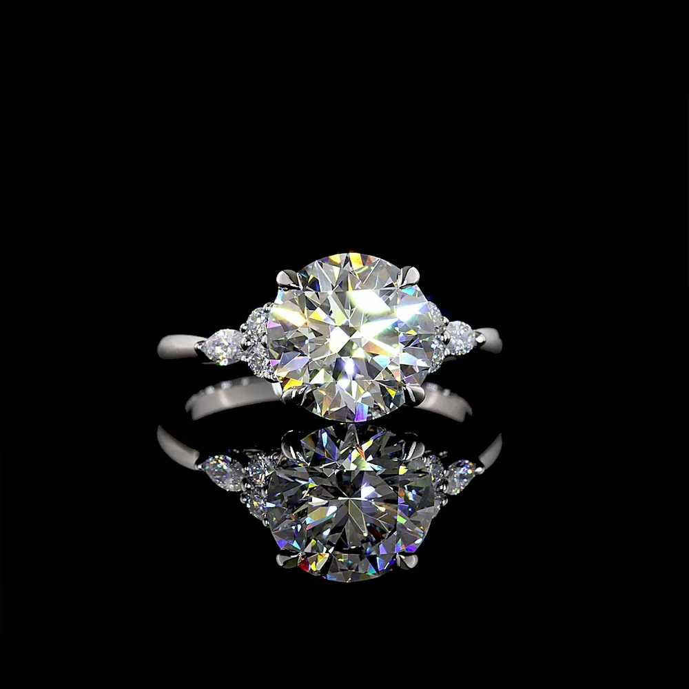 Platinum Special Ring with 3.31 Carat Round Brilliant Lab Diamond and Marquise & Round Diamond Accents - 3.55 Carat Total Diamond Weight - Covaloro Fine Jewelry